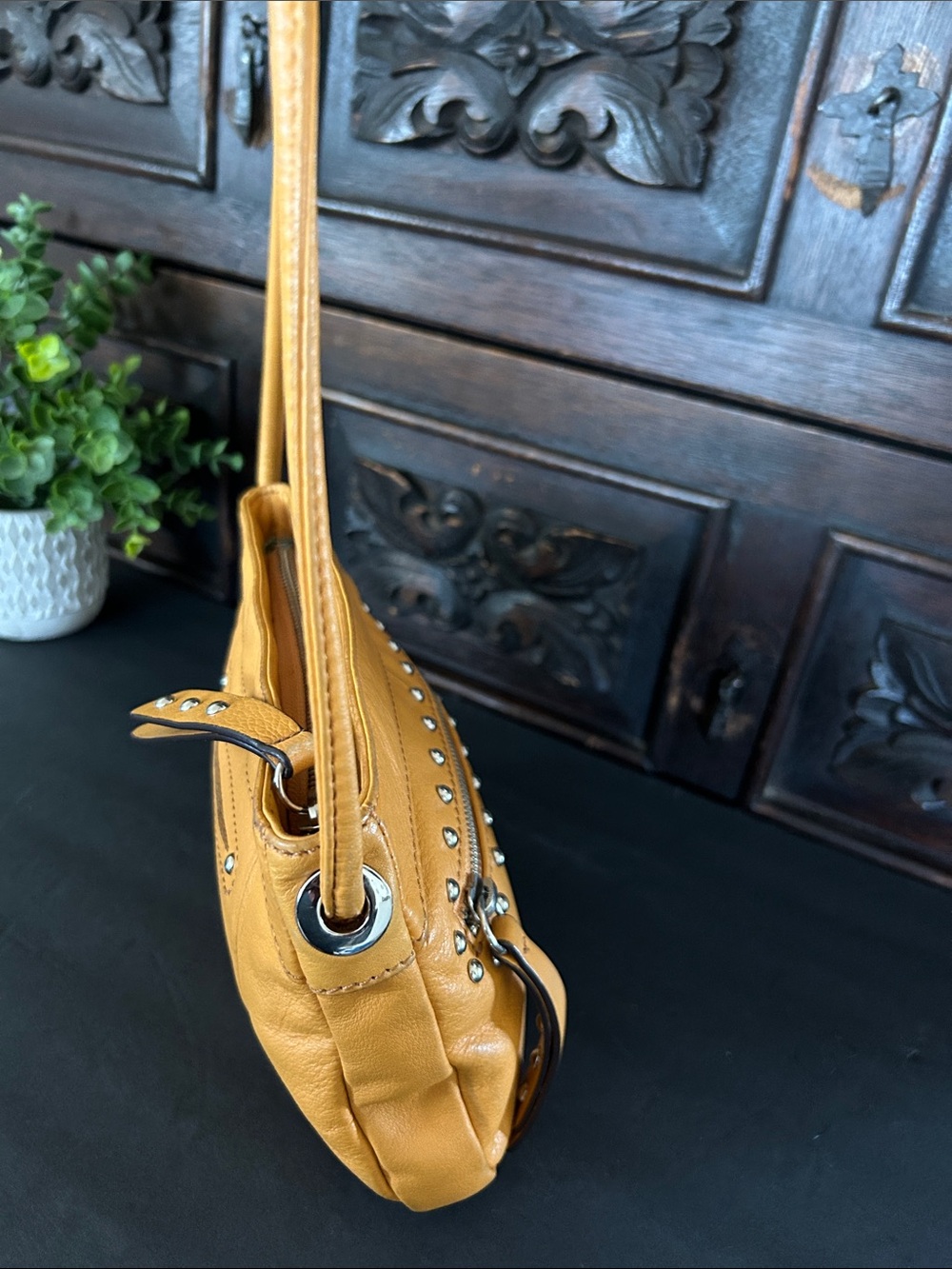 B. makowsky Mustard Yellow Studded Leather Crossbody - Picture 6 of 11